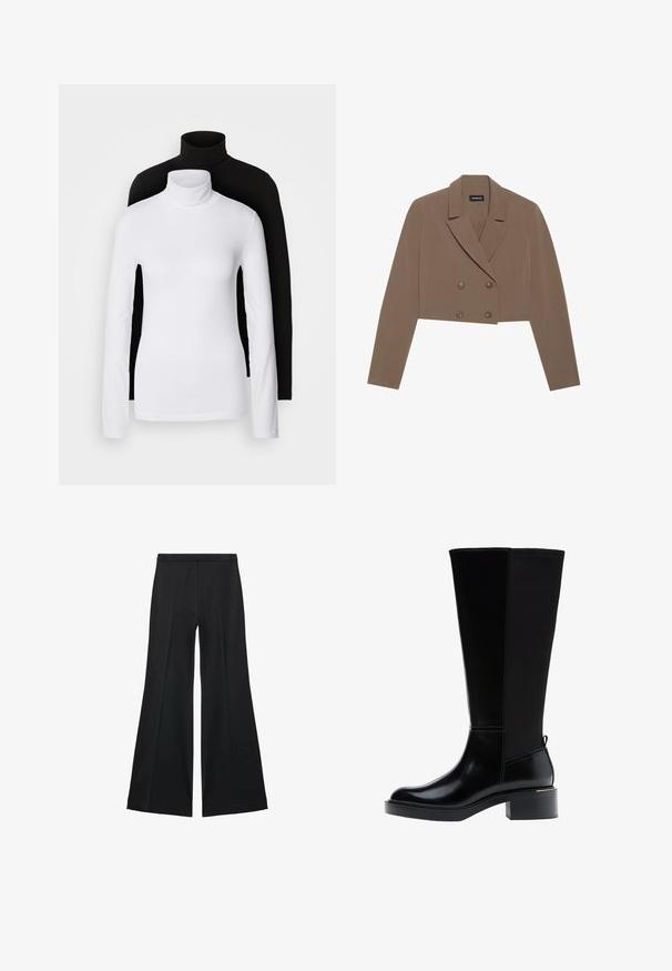 Krátký hnědý blejzr z hladké látky, s klopovým límcem, dvouřadým zapínáním na knoflíky a dlouhými rukávy.; Dvě dlouhé rolákové topy, jeden bílý a jeden černý, vyrobené z hladkého, elastického materiálu, oba s přiléhavým střihem a vysokými límci.; Černé kalhoty s širokými nohavicemi a hladkou texturou, s předními sklady a přizpůsobeným střihem. Materiál je lehký a splývavý.; Černá kozačka ke kolenu z hladké kůže, s výrazným prošíváním, robustním podpatkem a texturovaným zadním panelem pro větší zajímavost.