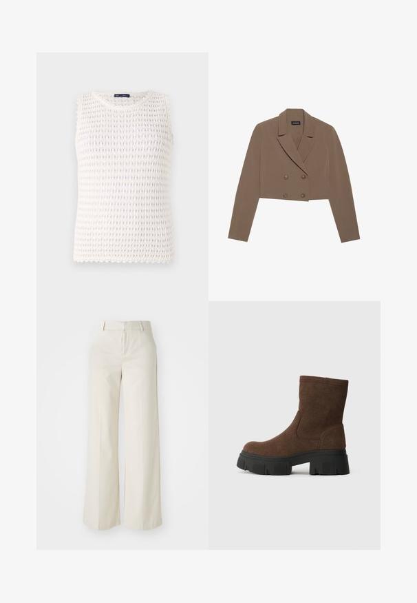Krátký hnědý blejzr z hladké látky, s klopovým límcem, dvouřadým zapínáním na knoflíky a dlouhými rukávy.; Bílé pletené tílko bez rukávů s texturovaným vzorem, jemně zvlněnými okraji a mírně volným střihem. Vyrobeno z prodyšné tkaniny.; Kalhoty s širokými nohavicemi v jasně béžové barvě, vyrobené z hladkého materiálu. Mají klasický pas a plochý přední díl s čistými liniemi.; Hnědé nubukové kotníkové boty s texturovaným povrchem, kulatou špičkou a mohutnou černou gumovou podrážkou s dezénem.