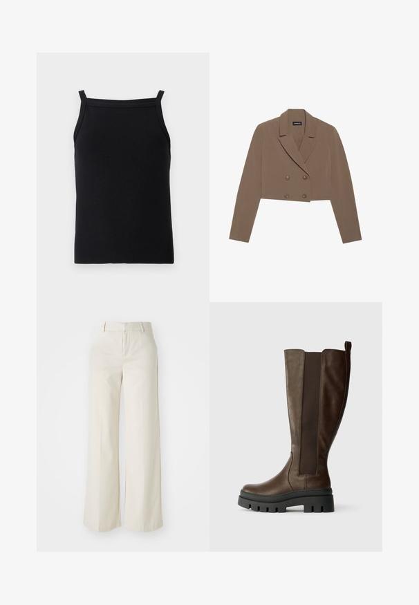 Kivágott barna blazer sima anyagból, kihajtott gallérral, dupla gombos záródással és hosszú ujjakkal.; Fekete bordázott trikó vékony pántokkal és testhezálló szabással, sima textúrával és kerek nyakkivágással.; Világos bézs színű, széles lábú nadrág, sima anyagból készült. Klasszikus derékrésszel és lapos elülső résszel, letisztult vonalakkal rendelkezik.; Barna bőr, térd fölötti csizma matt felülettel, rugalmas oldalsó panelek és masszív fekete gumitalp jellemzi. Egyenes forma, lekerekített orral.