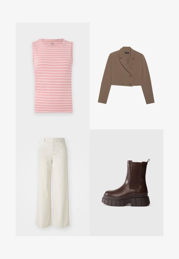 Kürzerer brauner Blazer aus glattem Stoff, mit Reverskragen, doppelter Knopfleiste und langen Ärmeln.; Ärmelloses rosa Oberteil mit horizontalen weißen Streifen, Rundhalsausschnitt und weichem Baumwollmaterial. Einfaches Design, keine zusätzlichen Akzente.; Weite Hosen in einem hellbeigen Farbton, aus einem glatten Stoff gefertigt. Mit einem klassischen Bund und flachem Vorderteil, das klare Linien zeigt.; Dunkelbraune Leder-Stiefeletten mit dicker, klobiger Sohle und elastischem Seitenpaneel, vor einem schlichten weißen Hintergrund.