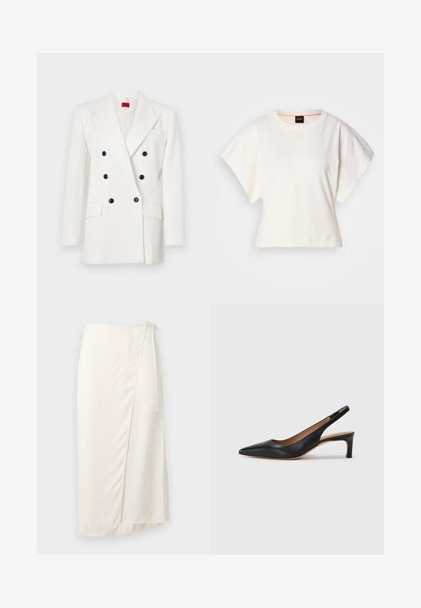 Biely dvojradový blejzer s čiernymi gombíkmi, klopami, dvoma prednými vreckami a textúrovaným materiálom. Červená značka vo vnútri.; Biely skrátený tričko, krátke široké rukávy, mäkký bavlnený materiál, okrúhly výstrih s jemným oranžovým lemovaním, minimalistický dizajn, bez vzorov alebo grafiky.; Kremová sukňa s obalom vyrobená z hladkej tkaniny, s bočným viazaním a dĺžkou po kolená s jemným predným rozparkom pre pohodlný pohyb.; Čierne kožené slingback lodičky s špicatou špičkou, nízkym opätkom a hladkým povrchom. Obsahujú tenký nastaviteľný remienok pre bezpečné upevnenie.