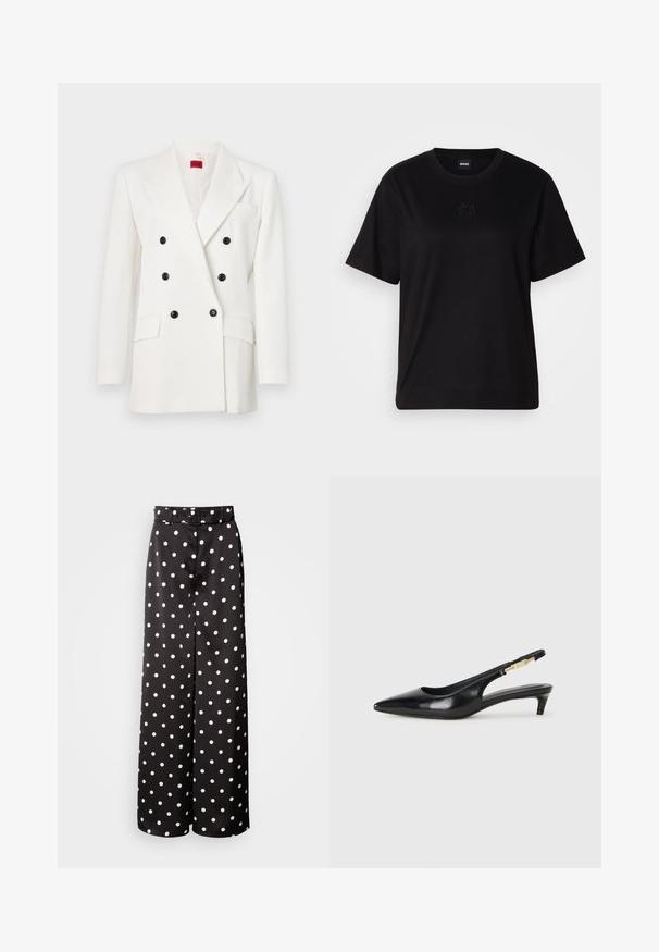 Bílý dvouřadý blejzr s černými knoflíky, klopami, dvěma předními kapsami a strukturovaným povrchem. Červená značka uvnitř.; Černé bavlněné tričko s kulatým výstřihem, krátkými rukávy a vyšitým logem na hrudi. Jednoduchý, volný střih bez vzorů.; Černé široké kalhoty s páskem, vyrobené z hladké tkaniny s celoplošným bílým puntíkovým vzorem.; Černé kožené boty na podpatku s otevřenou patou a špičatou špičkou, s tenkým podpatkem a zlatým akcentem na nastavitelném pásku. Hladký povrch.