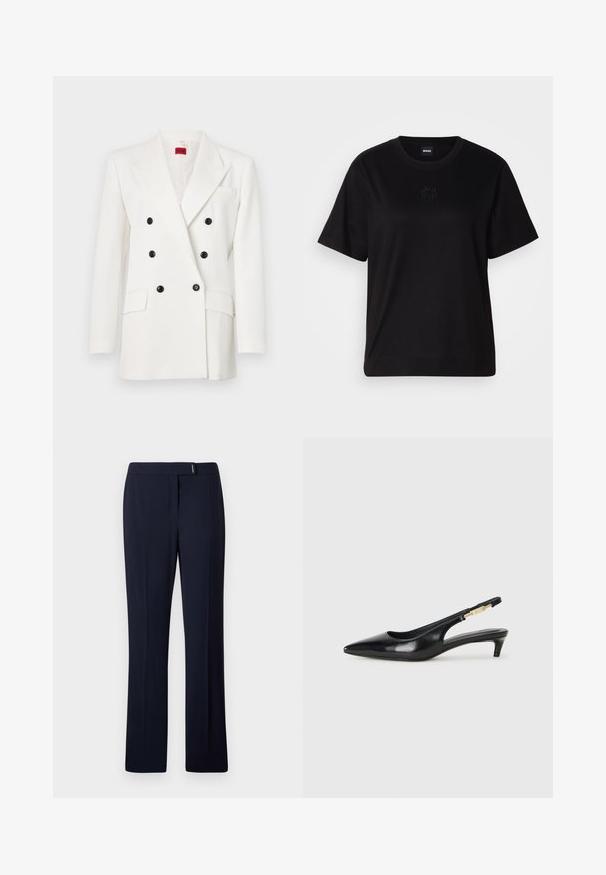 Blazer branco de corte duplo com botões pretos, lapelas picadas, dois bolsos frontais e um acabamento de tecido texturado. Rótulo de marca vermelho no interior.; T-shirt de algodão preto com decote redondo, mangas curtas e um logótipo bordado no peito. Corte simples e descontraído, sem padrões.; Calças ajustadas azul-marinho feitas de um tecido liso, com frente plana, pernas retas e um discreto detalhe prateado na cintura.; Saltos slingback em couro preto com bico fino, apresentando um salto esguio e um detalhe em tom dourado na alça ajustável. Textura suave.