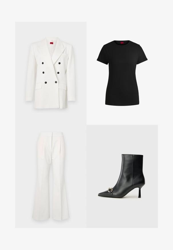 Hvid dobbeltradet blazer med sorte knapper, klaplommer, to frontlommer og en tekstureret stoffinish. Rød mærkelabel indeni.; Sort bomulds T-shirt med korte opklappede ærmer, rund halsudskæring og et rødt mærke. Glat tekstur, tætsiddende form med minimal detaljer.; Hvide flared bukser med en glat tekstur, der har folder foran og subtilt kontrasterende stofpaneler i en lysere nuance.; Sort læder ankelstøvle med spidse tæer, slank hæl i mellemhøjde og sølvspænde detaljer på siden mod en ensfarvet baggrund.