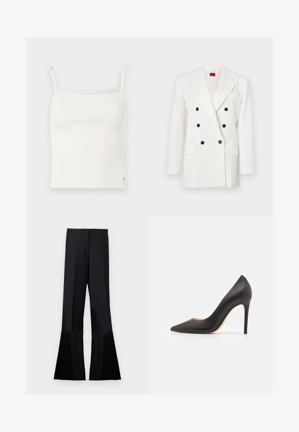 Hvid dobbeltradet blazer med sorte knapper, klaplommer, to frontlommer og en tekstureret stoffinish. Rød mærkelabel indeni.; Ribbet, cremefarvet cami med tynde, justerbare stropper og en lille logoaccent ved kanten. Blød tekstur. Tætsiddende design.; Sorte flared bukser med en glat tekstur, der har et højt talje og skarpe læg, som strækker sig til de flagrende benåbninger.; Sort læder højhælede sko med spidse tæer og glat tekstur, der har en slank hæl og et minimalistisk design.