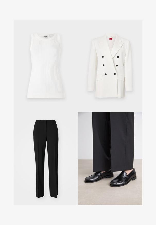 Valkoinen kaksirivinen bleiseri mustilla nappeilla, hokehalkiot, kaksi etutaskua ja tekstuuripintainen viimeistely. Punainen brändilogo sisällä.; Valkoinen ribatutonta hihattomu toppi, jossa on pyöreä pääntie ja tiukka muotoilu, valmistettu kevyestä kankaasta. Siisti, sileä pinta koko matkalla.; Mustat räätälöidyt housut suoraa lahjetta, joissa on sileä pinta ja terävät taitteet edessä. Ei näkyvää metalliosaa.; Mustat nahka loaferit, joissa on sileä pinta, tikattu yksityiskohta varpaiden ympärillä ja matala kumipohja. Yhdistetty leveiden mustien housujen kanssa.