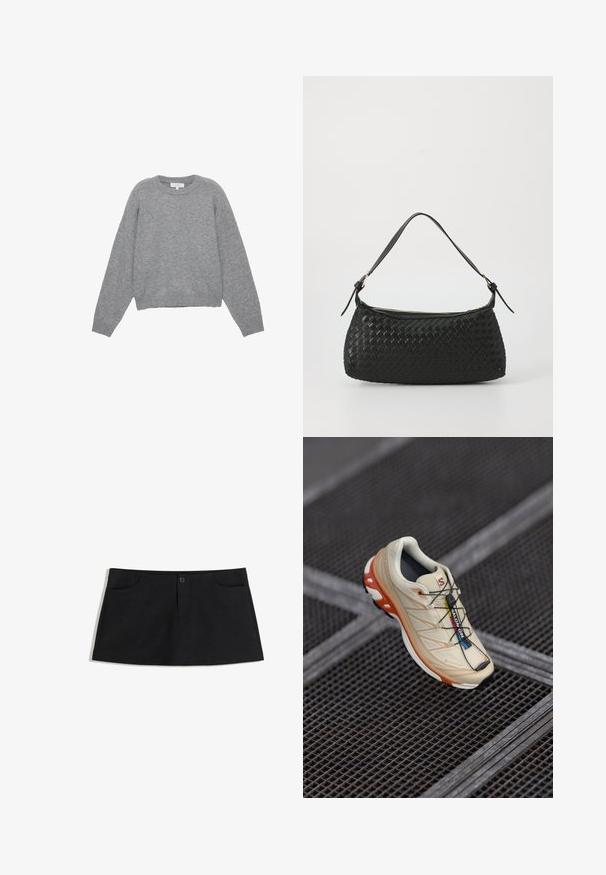 Zwarte op maat gemaakte blazer met lange mouwen, notch kleppen en voorkeurszakken; gecombineerd met een zwart top, zwarte riem en een bruine gestructureerde clutch.; Grijze gebreide trui met lange mouwen, geribbelde manchetten en zoom. Ronde halslijn met een losse pasvorm en een zachte textuur. Geen zichtbare patronen of accenten.; Zwarte, knielange rok van zacht materiaal. Beschikt over twee voorzakken en een enkele knoopsluiting op de taille.; Beige hardloopschoen met oranje accenten, ontworpen met een gestructureerde bovenkant, zwarte buitenzool en geïntegreerde veters. Bevat GORE-TEX branding.; Zwarte geweven schoudertas met een gladleren schouderband en rits sluiting. Heeft een gestructureerd oppervlak en een gebogen vorm.