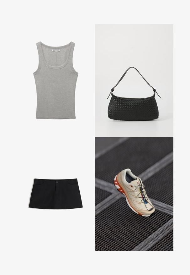 Czarna marynarka dopasowana z długimi rękawami, klapami i przednimi kieszeniami; w połączeniu z czarną bluzką, czarnym paskiem i brązową torebką w fakturze.; Szary, bezrękawnik wykonany z miękkiej bawełny. Posiada okrągły dekolt oraz dopasowany krój z delikatnymi detalami przeszycia.; Czarna, spódnica do kolan wykonana z miękkiego materiału. Posiada dwie przednie kieszenie i pojedyncze zapięcie na guzik w talii.; Beżowe buty biegowe z pomarańczowymi akcentami, zaprojektowane z teksturowaną cholewką, czarną podeszwą i wbudowanymi sznurowadłami. Zawierają logo GORE-TEX.; Czarna, pleciona torba na ramię z gładkim skórzanym paskiem i zapięciem na zamek. Charakteryzuje się teksturowaną powierzchnią i zakrzywionym kształtem.