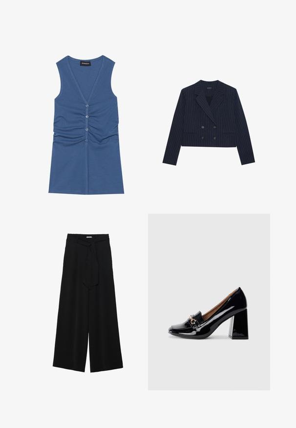 Tamno plava skraćena dvostruko kopčana sakoi s bijelim prugama, s reverima i prednjim džepovima, prikazana na bijeloj pozadini.; Plava bezrukavna majica od mekog materijala, s dubokim V-izrezom, zatvaranjem na dugmadi i nabranošću sprijeda.; Crne široke hlače od teksturirane tkanine, s elastičnom pojasom i odvojivim remenom na struku za prilagodivo pristajanje.; Crna lakirana visoka potpetica s oštrim vrhom i blok potpeticom. Sadrži dekorativnu traku i detalj s kopčom na gornjem dijelu.