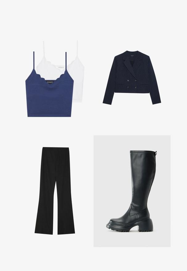 Blazer cropped azul marinho de dupla abotoadura com riscas brancas, lapelas de pico e bolsos frontais, exibido sobre fundo branco.; Conjunto de bralette em algodão azul-marinho e branco com decote rendado, alças finas ajustáveis e um design ajustado. Etiqueta com logótipo no lado interno da peça azul-marinha.; Calças pretas a boca de sino com um tecido texturizado, apresentando um cós elástico e um corte solto, projetadas para conforto e facilidade de movimento.; Bota preta de couro alta com sola de plataforma robusta e salto bloco, apresentando puxador e padrão texturizado na sola.