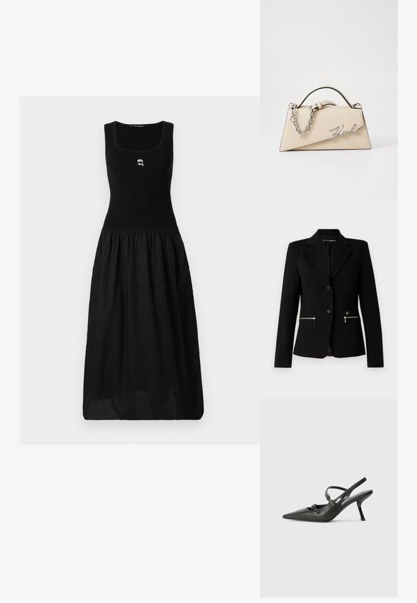 Svart skräddarsydd kavaj med en knappstängning, silverfärgade dragkedjefickor och en stilren design. Tillverkad av ett mjukt, hållbart tyg.; Svart klänning med ett figurnära ribbat överdel och en fladdrande, rynkad kjol. Detaljer inkluderar ett litet emblem på bröstet och en enfärgad design genom hela klänningen.; Svarta läderklackar med slingback, spetsig tå, smal klack och dekorativ spänndetalj på ovansidan. Slät struktur och stilren design.; Beige läderhandväska med en strukturerad, triangelformad design, med ett silverkedjehandtag och en kursiv logotyp i metall.