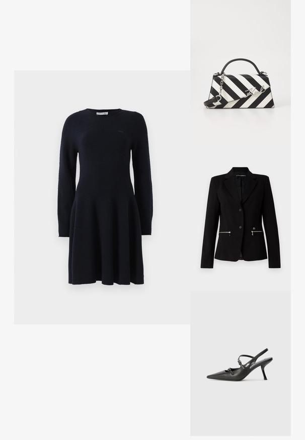 Fekete fazonra szabott blézer egy gombos záródással, ezüst cipzáras zsebekkel és elegáns kivitelezéssel. Simább, tartós anyagból készült.; Hosszú ujjú fekete kötött ruha, amely karcsú derék és térd alatti szoknyarész jellemzi, kerek nyakkivágással és diszkrét márkás logóval a mellkason.; Fekete bőrszíjjal ellátott magassarkú cipő, hegyes orral, karcsú sarkával és díszes csattal a vamp részén. Simás textúra és elegáns dizájn.; Fekete-fehér csíkos kézitáska, strukturált formával, felső fogantyúval, leválasztható lánc pánttal és fémes logóval.