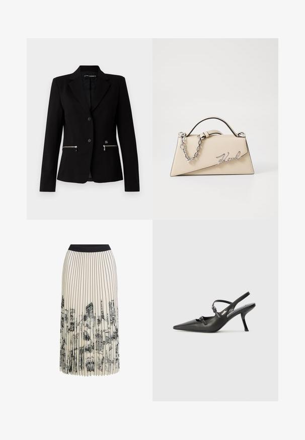 Schwarzer taillierter Blazer mit einem Ein-Knopf-Verschluss, silbernen Reißverschlusstaschen und einem eleganten Design. Hergestellt aus einem glatten, robusten Stoff.; Schwarzes crop-top mit hohem Kragen, das mit silbernen, glitzernden, vertikalen Linien, durchsichtigen Ärmeln und strukturiertem Stoff versehen ist.; Faltrock in Creme mit einem schwarzen Bund, der einen detaillierten architektonischen Skizzenprint in Schwarz zeigt, der verschiedene Gebäudedesigns hervorhebt.; Schwarzlederne Slingback-Absätze mit spitzer Zehenform, schlankem Absatz und dekorativem Schnallendetail auf dem Blatt. Glatte Textur und elegantes Design.; Beige Leder-Handtasche mit einer strukturierten, dreieckigen Form, ausgestattet mit einem silbernen Kettenhenkel und einem geschwungenen Logo aus Metall.