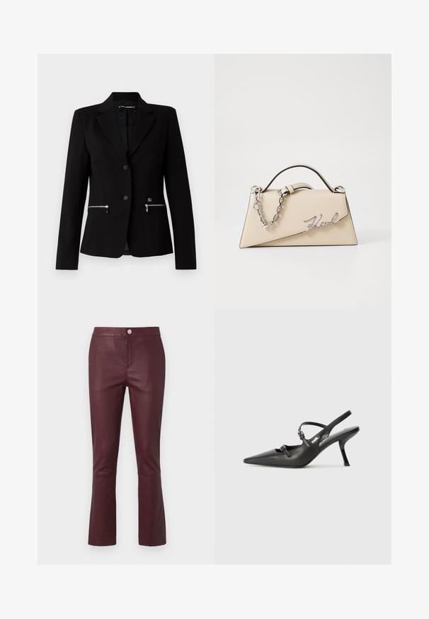 Black tailored blazer with a single-button closure, silver zippered pockets, and a sleek design. Made from a smooth, sturdy fabric.; Black cropped top with high neck, featuring silver sequined vertical lines, sheer sleeves, and textured fabric.; Burgundy faux leather pants with a slim fit, flared hem, front pockets, and a metal button closure at the waistband. Smooth texture.; Black leather slingback heels with a pointed toe, slender heel, and decorative buckle detail on the vamp. Smooth texture and sleek design.; Beige leather handbag with a structured, triangular shape, featuring a silver chain handle and a cursive logo in metal.