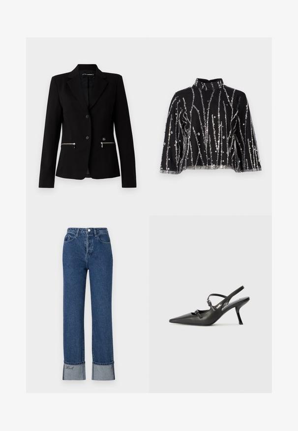 Juodas pritaikytas švarkas su vieno mygtuko užsegimu, sidabrinėmis kišenėmis su užtrauktukais ir elegantišku dizainu. Pagamintas iš lygaus, tvirto audinio.; Juodas trumpas viršus su aukštu kaklu, papuoštas sidabriniais blizgučiais vertikaliomis linijomis, permatomomis rankovėmis ir tekstūruotu audiniu.; Mėlyni džinsai su aukštu liemeniu, tiesiomis kojomis, apvyniotais hemiais, turinčiais kontrastinę šviesesnę mėlyną medžiagą ir siuvinėjimą ant hemų.; Juodi odiniai slingback kulniukai su smailiu pirštu, siauru kulnu ir dekoratyvine sagtimi viršuje. Lygus paviršius ir elegantiškas dizainas.