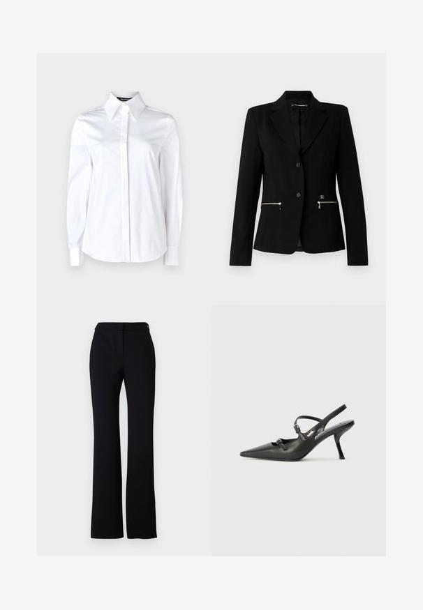 Črn krojen blazer z zapiranjem na en gumb, srebrnimi žepnimi zadrgami in elegantnim dizajnom. Narejen iz gladkega in trpežnega materiala.; Bela dolgo rokavna srajca z ovratnikom, izdelana iz gladkega bombaža, z gumbi spredaj in lepo oblikovanimi manšetami.; Črne hlače s ravnim krojem, gladko teksturo in pasom z enojnim gumbom. Brez vidnih vzorcev ali akcentov.; Črne usnjene sandale na peto s koničastim nosom, vitko peto in okrasno zaponko na sprednjem delu. Gladka tekstura in eleganten dizajn.