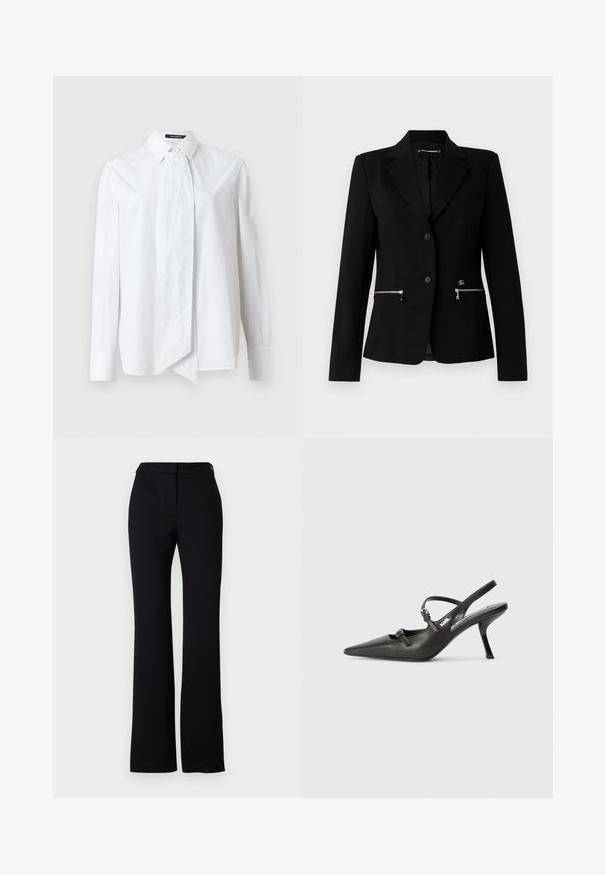 Mustat räätälöidyt bleiserit, joissa on yhden napin sulku, hopean väriset vetoketjulliset taskut ja tyylikäs muotoilu. Valmistettu sileästä ja kestävästä kankaasta.; Valkoinen nappikauluspaita pitkillä hihoilla, jossa on suuri liuku kauluksessa, valmistettu sileästä kankaasta, joka on raikas tekstuuriltaan.; Mustat housut, joissa on suora leikkaus, sileä pinta ja vyötärö, jossa on yksinkertainen nappisulku. Ei näkyviä kuvioita tai koristeita.; Mustat nahkaiset slingback-korkokengät, joissa on terävä kärki, hoikka korko ja koristeellinen solkityyny varpailla. Tasainen pinta ja tyylikäs muotoilu.