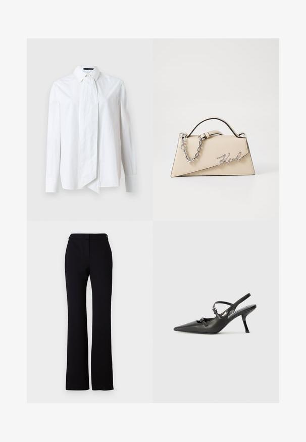 Černý přizpůsobený blejzer s jednobuttoním zapínáním, stříbrnými zipovými kapsami a elegantním designem. Vyroben z hladké, pevné látky.; Bílá košile na knoflíky s dlouhými rukávy, se širokou mašlí na límci, vyrobená z hladké látky s pevným texturou.; Černé kalhoty se rovný střih, hladkou texturou a páskem se zapínáním na jeden knoflík. Bez viditelných vzorů nebo akcentů.; Černé kožené lodičky na boku s špičatou špičkou, štíhlým podpatkem a dekorativní přezkou na nártu. Hladká textura a elegantní design.; Béžová kožená kabelka se strukturovaným trojúhelníkovým tvarem, se stříbrným řetízkem a kovovým logem psaným kurzívou.