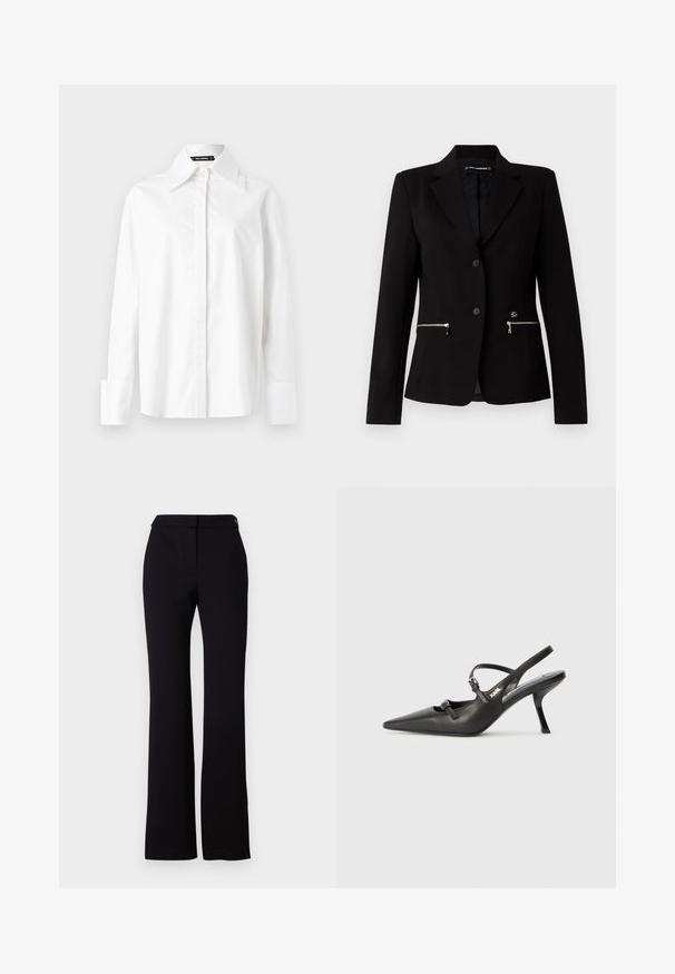 Juodas pritaikytas švarkas su vieno mygtuko užsegimu, sidabrinėmis kišenėmis su užtrauktukais ir elegantišku dizainu. Pagamintas iš lygaus, tvirto audinio.; Balta medvilninė marškiniai su smailiu apykaklės, ilgomis rankovėmis ir knopkėmis ant rankovių. Lygi tekstūra, pritaikyta forma ir minimalistiškas dizainas.; Juodi kelnės, turinčios tiesų kirpimą, lygų paviršių ir juosmenį su viena mygtuko uždarymo sistema. Nėra matomų raštų ar akcentų.; Juodi odiniai slingback kulniukai su smailiu pirštu, siauru kulnu ir dekoratyvine sagtimi viršuje. Lygus paviršius ir elegantiškas dizainas.