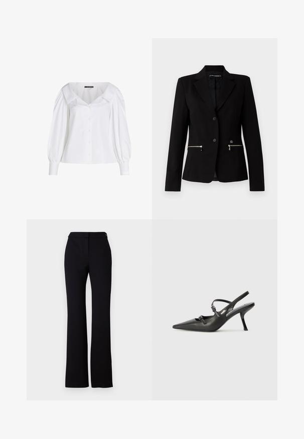 Crni krojeni sako s jednim dugmetom, srebrnim patentnim džepovima i elegantnim dizajnom. Napravljen od glatkog, čvrstog materijala.; Bjela košulja s dugim rukavima i širokim ovratnikom, napuhanim dugim rukavima i uskim strukom. Glatka pamučna tkanina s suptilnim sjajem.; Crne hlače s ravnim krojem, glatkom teksturom i pojasom s jednim gumbom za zatvaranje. Bez vidljivih uzoraka ili naglasaka.; Crne kožne štikle sa otvorenom petom, s uskim vrhom i dekorativnom kopčom na gornjem dijelu. Glatka tekstura i elegantan dizajn.