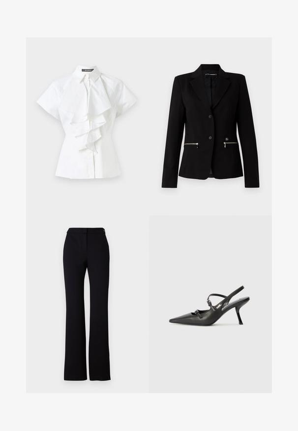 Svart skräddarsydd kavaj med en knappstängning, silverfärgade dragkedjefickor och en stilren design. Tillverkad av ett mjukt, hållbart tyg.; Vit blus med krage och korta ärmar. Volanger löper ner längs mitten, tillverkad av mjukt bomullstyg.; Svarta byxor med rak passform, slät struktur och midjeband med en enda knappstängning. Inga synliga mönster eller detaljer.; Svarta läderklackar med slingback, spetsig tå, smal klack och dekorativ spänndetalj på ovansidan. Slät struktur och stilren design.