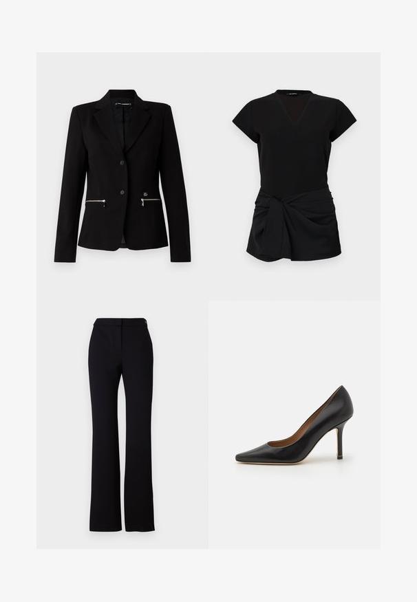 Čierny sakový blejzer s jednočlánkovým zapínaním, striebornými zipsovými vreckami a elegantným dizajnom. Vyrobený z hladkého, pevného materiálu.; Čierne šaty s výstrihom do V, krátkymi rukávmi a zhrnutým predným dielom s uzlovým akcentom. Hladká tkanina s priliehavým strihom.; Čierne nohavice so strihom do rovna, hladkým povrchom a pásom s jedným gombíkom na zapínanie. Žiadne viditeľné vzory ani akcenty.; Čierne kožené lodičky na vysokom opätku s špicatou špičkou, hladkým povrchom a štíhlym stiletto opätkom. Obsahujú nenápadný zlatý akcent blízko základne opätka.