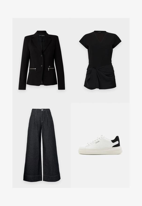 Blazer noir ajusté avec une fermeture à un bouton, des poches zippées argentées et un design épuré. Fabriqué à partir d'un tissu lisse et résistant.; Robe noire avec un décolleté en V, des manches courtes et un devant froncé avec un accent noué. Tissu lisse avec une silhouette ajustée.; Pantalons en denim noirs à jambes larges avec une taille haute, dotés de plis frontaux, d'une fermeture à bouton et de surpiqûres contrastées aux ourlets.; Baskets en cuir blanc avec une épaisse semelle blanche, un accent en daim noir au niveau du talon et un logo embossé sur le côté. Design à lacets avec six œillets.