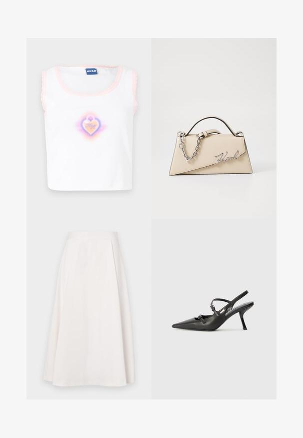 Mustat räätälöidyt bleiserit, joissa on yhden napin sulku, hopean väriset vetoketjulliset taskut ja tyylikäs muotoilu. Valmistettu sileästä ja kestävästä kankaasta.; Valkoinen hihaton paita, jossa on vaaleanpunaiset aaltoreunat. Takissa on keskellä sydänkuvio pastelliväreissä ja sen sisällä on teksti "Hugo".; Polvihame, valkoinen A-linjainen hame, joka ulottuu polveen ja on valmistettu sileästä kankaasta. Hameessa on litteä vyötärö ja hienovaraiset laskokset, jotka lisäävät muotoa ja liikettä.; Mustat nahkaiset slingback-korkokengät, joissa on terävä kärki, hoikka korko ja koristeellinen solkityyny varpailla. Tasainen pinta ja tyylikäs muotoilu.; Käsveska av beige läder med en strukturerad, triangulär form, utformad med ett handtag av silverkedja och en kursiv logotyp i metall.