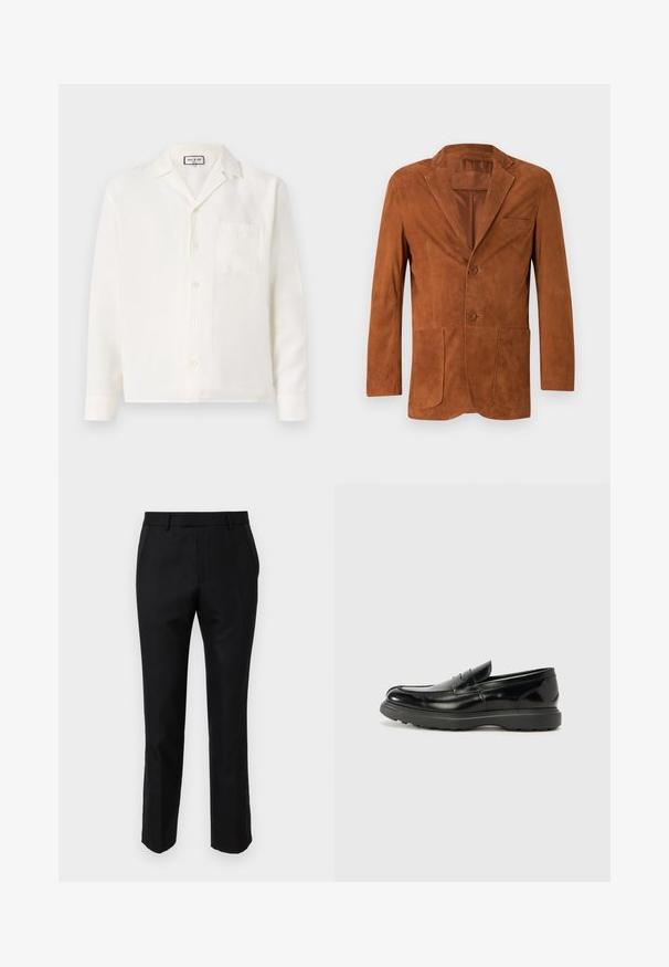 Hnědý semišový blejzr s klopovým límcem, dvěma předními kapsami a dvěma knoflíky, s hladkou texturou a dobře padnoucím střihem.; Krátký rukáv bílá košile z lehkého materiálu. Obsahuje klopený límec, zapínání na knoflíky a kapsu na hrudi. Hladká textura, ležérní design.; Černé zakázkové kalhoty s úzkým střihem, vybavené bočními kapsami a hladkým povrchem. Okraje jsou zakončeny čistým lemem.; Černé kožené mokasíny s lesklým povrchem, kulatou špičkou, nenápadnými švy a silnou gumovou podrážkou pro odolnost.