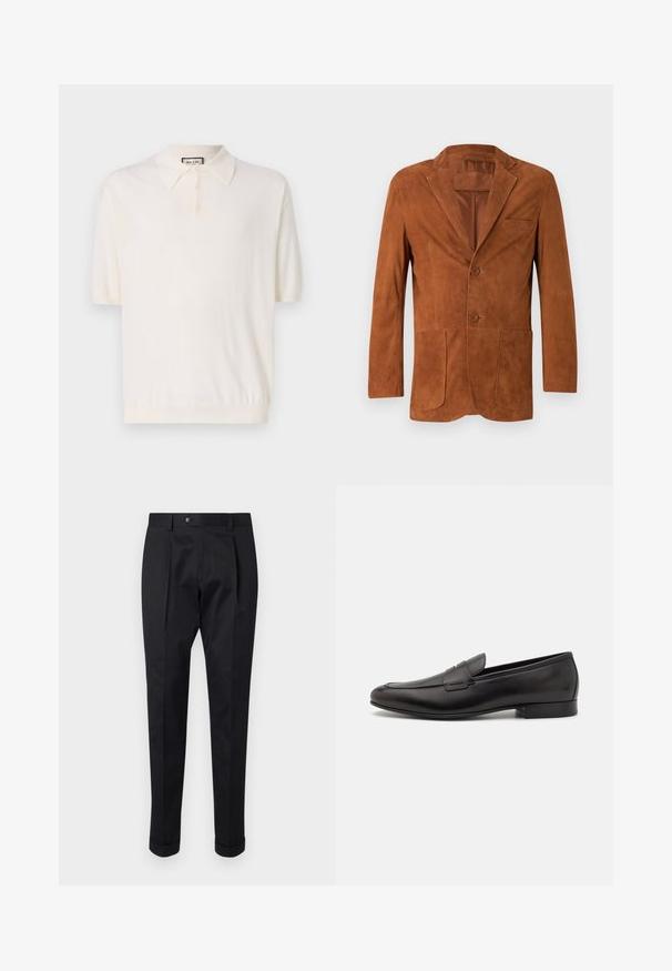 Blazer din ante maro cu guler încrețit, două buzunare frontale și două butoane, având o textură netedă și o croială ajustată.; Polo cu mânecă scurtă în crem, cu guler clasic, plachetă cu patru butoane și tiv ribat. Fabricat dintr-un material moale și ușor.; Pantaloni negri dintr-un material neted, cu o pliță în față, închidere cu nasture și manșete răsucite la gleznă.; Mocasini din piele neagră, cu un design elegant, vârf rotund și toc mic, împăturit. Prezintă un detaliu decorativ cusut pe partea superioară.