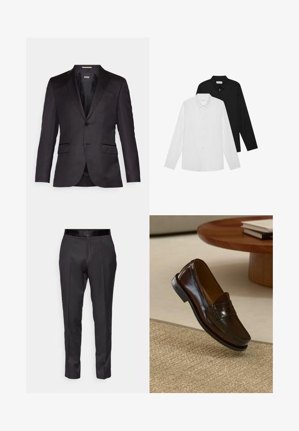 Blazer preto sob medida com um fecho de botão único, lapelas com corte em bico, dois bolsos frontais e uma textura suave. Interior forrado com etiqueta da marca.; Camisas de mangas compridas brancas e pretas com colarinhos pontiagudos, botões frontais e uma textura de tecido suave. Etiquetas visíveis na parte interna do colarinho.; Calças pretas ajustadas com um corte slim, frente lisa e leve brilho. Apresentam uma cinta preta suave e detalhes de pregas ao longo das pernas.; Mocassins de couro castanho com um acabamento brilhante, apresentando um detalhe costurado na frente e uma sola de borracha preta de baixo perfil.