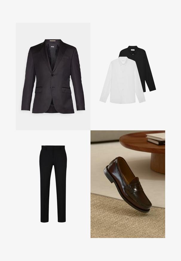 Černá saka střižená na míru s jedním knoflíkovým zapínáním, s klopami a dvěma předními kapsami, s hladkým povrchem. Podšívkový interiér s označením značky.; Bílé a černé dlouhé rukávy s špičatými límečky, předními knoflíky a hladkou texturou látky. Etikety viditelné na vnitřní straně límce.; Černé kalhoty slim fit, vyrobené z hladké látky. Mají plochý přední díl, poutka na opasek a ostré sklady podél nohavic. Žádné viditelné kapsy.; Hnědé kožené loafery s lesklým povrchem, zdobené prošíváním vpředu a nízkoprofilovou černou gumovou podrážkou.