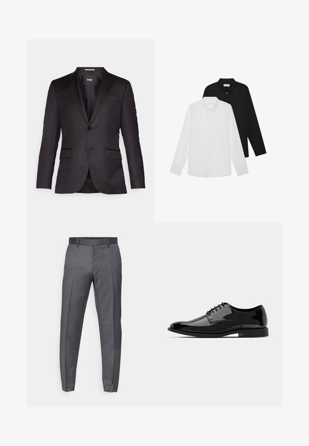 Crni sako od odijela s jednim zatvaranjem na gumb, izrezanim reverima, dva prednja džepa i glatkom teksturom. Obložena unutrašnjost s etiketi branda.; Bijele i crne košulje dugih rukava s oštrim kragnama, prednjim gumbima i glatkom teksturom tkanine. Oznake su vidljive na unutarnjoj strani vrata.; Sive krojene hlače s prednjim nabora, napravljene od glatkog materijala. Lagani dizajn s običnim pojasom i bez vidljivih džepova.; Crne lakirane kožne cipele s okruglim vrhom, s vezicama i glatkom, sjajnom površinom. Imaju nisku gumenu potplat.