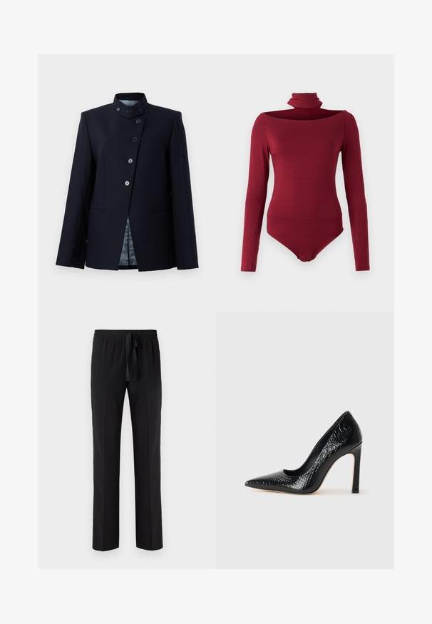 Marinblå blazer gjord av ullblandning, med hög krage, femknapprad och två framfickor. Fodrad med ett mönstrat tyg.; Bodysuit med långa ärmar, hög krage och en off-shoulder-design i en solid bordeauxfärg. Tillverkad av ett mjukt, stretchigt tyg.; Svarta byxor med elastisk midja och justerbar dragsko, med rak bendesign och slät yta. Inga mönster eller accentfärger.; Svart spetsig högklackad sko med krokodilskinnsstruktur, som har en elegant design, hög stilettklack och en slät svart innersula.