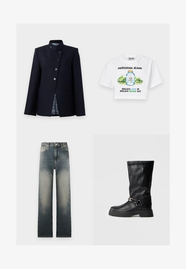 Gyapjú keverékből készült tengerész blézer, magas gallérral, öt gombos záródással és két elülső zsebbel. Mintás bélésű.; Fehér rövidített póló, zöld növényzettel díszített üveg befőttesüveget ábrázoló grafikával. Fekete és kék szöveg olvasható rajta: "MOSCHINO JEANS" és a szerelemről és békéről szóló kifejezések.; Magas derekú, egyenes szárú farmernadrág, elhalványult világos és sötét farmer színben, klasszikus öt zsebes kialakítással.; Fekete, térd fölé érő csizmák sima bőrből, oldalt csattós díszítéssel és vastag, texturált talppal a jobb tapadás érdekében.