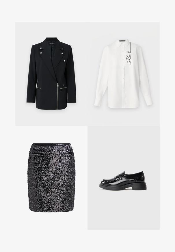 Melnas pielāgotas žaketes ar sudraba aparatūras akcentiem, kurai ir iegriezts apkakle, ar rāvējslēdzēju slēdzami priekšējie kabati un asimetrisks dizains.; Balta kokvilnas krekls ar garām piedurknēm, ar priekšējo kabatu un melnu izšūtu parakstu kreisajā pusē. Klasiska apkakle un pogu aizdare.; Melnas spīdīgas mini svārku ar pieguļošu siluetu, kas piedāvā teksturētu virsmu un divas mazas rāvējslēdzēju kabatas priekšpusē.; Melnas patentētas ādas loafers ar dekoratīviem sudraba ieguldījumiem, apaļa purngala forma, zems blokveida papēdis un gluda spīdīga tekstūra.