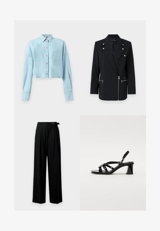 Black tailored blazer with silver hardware accents, featuring a notched collar, zippered front pockets, and an asymmetric design.; Light blue cropped denim shirt with long sleeves, button closure, and a classic collar. Features stitching details and soft texture.; Black wide-leg trousers with a high waist, pleats at the front, and a belt featuring a buckle. Made from smooth, lightweight fabric.; Black patent leather high-heeled sandals with an open toe, wide straps, adjustable buckle, and a geometric block heel.