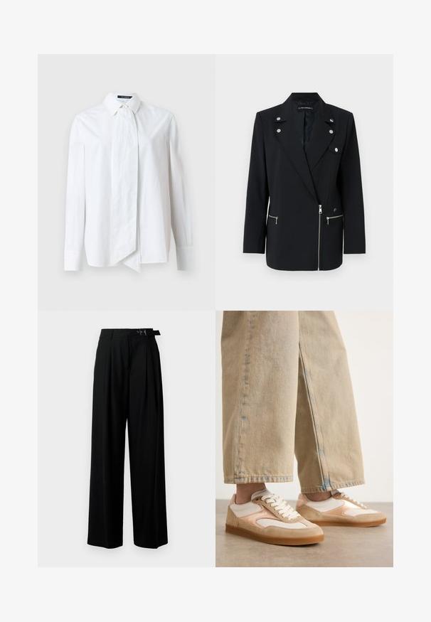 Zwarte op maat gemaakte blazer met zilveren hardware accenten, voorzien van een gelapte kraag, ritssluitingen aan de voorkant en een asymmetrisch ontwerp.; Witte overhemd met lange mouwen, voorzien van een grote strik bij de kraag, gemaakt van een gladde stof met een frisse textuur.; Zwarte wijde broek met hoge taille, plooien aan de voorkant en een riem met een gesp. Gemaakt van glad, lichtgewicht stof.; Tan en crèmekleurige sneakers met een ontwerp van suede en mesh, voorzien van vetersluiting en rubberen zolen, gecombineerd met tan wijde jeans.