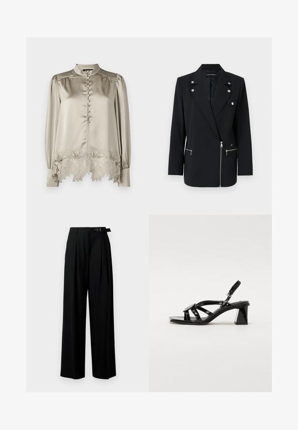 Czarna marynarka o dopasowanym kroju z akcentami w srebrnym kolorze, z wykładanym kołnierzem, zamykanymi na zamek kieszeniami z przodu oraz asymetrycznym fasonem.; Bruuns Bazaar ACACIA KATARA taupe; Czarne spodnie szerokie w nogawkach z wysokim stanem, z plisami z przodu oraz paskiem z klamrą. Wykonane z gładkiego, lekkiego materiału.; Czarne lakierowane sandały na wysokim obcasie z otwartym palcem, szerokimi paskami, regulowanym zapięciem i geometrycznym słupkowym obcasem.