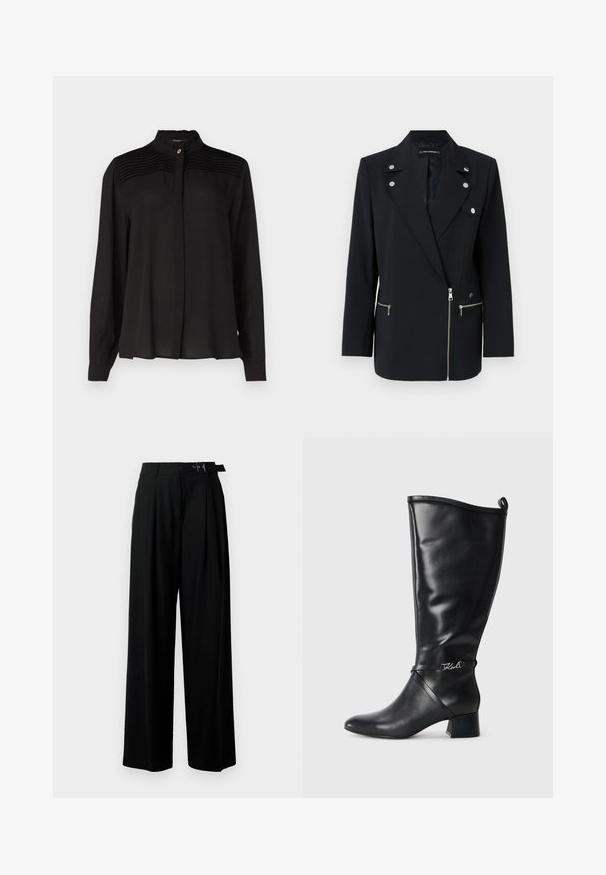 Czarna marynarka o dopasowanym kroju z akcentami w srebrnym kolorze, z wykładanym kołnierzem, zamykanymi na zamek kieszeniami z przodu oraz asymetrycznym fasonem.; Czarna bluzka z długim rękawem i wysokim kołnierzem, z plisowanymi detalami na ramionach i zapięciem na guziki z przodu. Gładki, lekki materiał.; Czarne spodnie szerokie w nogawkach z wysokim stanem, z plisami z przodu oraz paskiem z klamrą. Wykonane z gładkiego, lekkiego materiału.; Czarne skórzane kozaki do kolan z zaostrzonym noskiem, wykładanym obcasem oraz dekoracyjnym paskiem z srebrnym logo w okolicy kostki. Gładka tekstura.