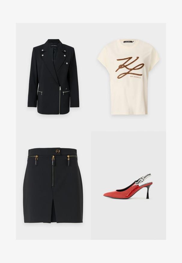 Blazer preto sob medida com detalhes em metal prateado, apresentando um colarinho com entalhe, bolsos frontais com zíper e um design assimétrico.; T-shirt de algodão creme, com mangas curtas, apresentando um logótipo brocado castanho e um design em letra na parte da frente.; Saia mini preta com um ajuste estruturado, apresentando detalhes em ouro, dois bolsos com fecho éclair e uma fenda na frente para um toque adicional.; Sapato slingback de couro verniz vermelho com bico fino, salto preto e uma faixa decorativa de tecido com um padrão de logotipo repetido.