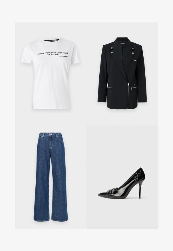 Sort skræddersyet blazer med sølv hardware detaljer, der har en klippet krave, lynlåslommer og et asymmetrisk design.; Hvid bomulds T-shirt med korte ærmer, med sort trykt tekst og citat på forsiden, samt et mærketikette med 'KARL LAGERFELD.'; Bredde blå denim jeans med høj talje, udstyret med forlommer og en enkelt knaplukning. Tekstureret stof med synlige sømme.; Sorte patentlæder stiletto hæl sko med spids tå, tre dekorative remme med nitter, og "Karl Lagerfeld" branding på hælen.