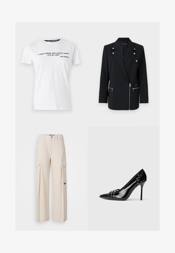 Black tailored blazer with silver hardware accents, featuring a notched collar, zippered front pockets, and an asymmetric design.; White cotton t-shirt with short sleeves, featuring black printed text, quote on front, and a labeled neck tag with 'KARL LAGERFELD.'; Karl Lagerfeld Jeans PLEATED CARGO - Cargo trousers - whitecap gray; Black patent leather stiletto heel shoe with pointed toe, three decorative straps with studs, and "Karl Lagerfeld" branding on heel.