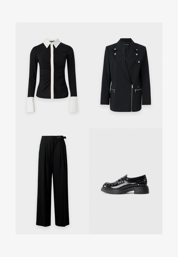 Czarna marynarka o dopasowanym kroju z akcentami w srebrnym kolorze, z wykładanym kołnierzem, zamykanymi na zamek kieszeniami z przodu oraz asymetrycznym fasonem.; Czarna koszula z długim rękawem i białym kołnierzykiem oraz listwą guzikową. Posiada marszczony przód i kontrastujące białe mankiety, wykonana z gładkiego materiału.; Czarne spodnie szerokie w nogawkach z wysokim stanem, z plisami z przodu oraz paskiem z klamrą. Wykonane z gładkiego, lekkiego materiału.; Czarne lakierowane loafersy z dekoracyjnymi srebrnymi ćwiekami, okrągły czubek, niski blokowy obcas i gładka, błyszcząca tekstura.