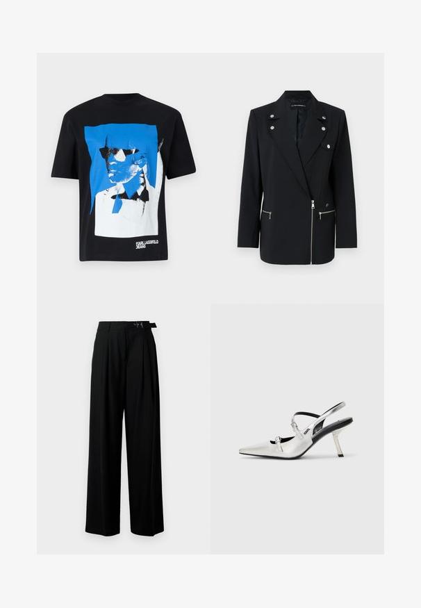 Černé sakové sako se stříbrnými kovovými detaily, s klopovým límcem, zipovými předními kapsami a asymetrickým designem.; Černé tričko z bavlněné směsi s modro-bílým grafickým potiskem obličeje s brýlemi. U názvu značky je potisk na spodní straně.; Černé široké kalhoty s vysokým pasem, záhyby vpředu a páskem s přezkou. Vyrobené z hladké, lehké tkaniny.; Stříbrné slingback podpatky s špičatou špičkou, které mají hladký metalický povrch, štíhlý podpatek a dekorativní detaily na pásku.