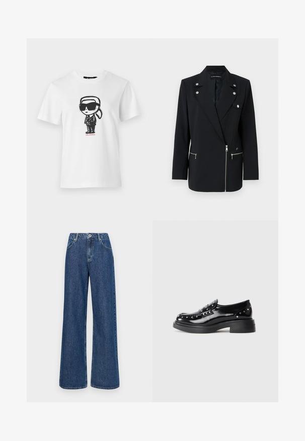 Must mustriga bleiser, millel on hõbedased detailid, notšitud krae, lukuga eesüssid ja asümmeetriline disain.; Valge puuvillane T-särk, millel on must-valge joonistus isikust, kellel on suuremõõtmelised prillid ja ülikond, allpool tekst "KARL LAGERFELD".; Laiene jalad sinised denimpüksid kõrge vöökohaga, esipocketite ja ühe nööbi sulgemisega. Tekstuuriga kangas nähtavate õmblustega.; Mustad musta lakknaha loojad dekoratiivsete heelakatega, ümar nina, madal plokknina ja sile läikiv tekstuur.