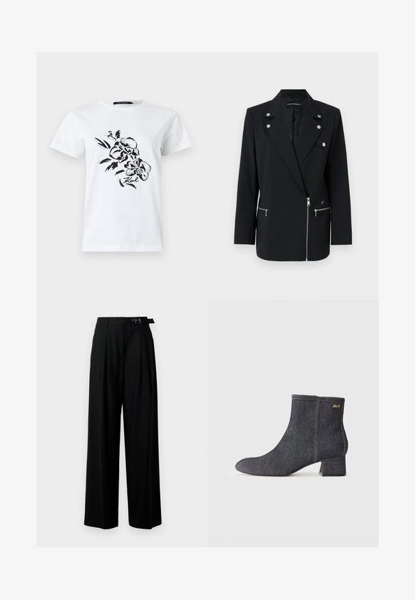 Černé sakové sako se stříbrnými kovovými detaily, s klopovým límcem, zipovými předními kapsami a asymetrickým designem.; Bílá bavlněná tričko s černým květinovým designem na přední straně. Kulatý výstřih, krátké rukávy, volný střih. Název značky "Karl" je součástí designu.; Černé široké kalhoty s vysokým pasem, záhyby vpředu a páskem s přezkou. Vyrobené z hladké, lehké tkaniny.; Tmavé džínové kotníkové boty s špičatou špičkou, blokovým podpatkem, viditelným švem a jemným logem značky na boku. Hladká textura.