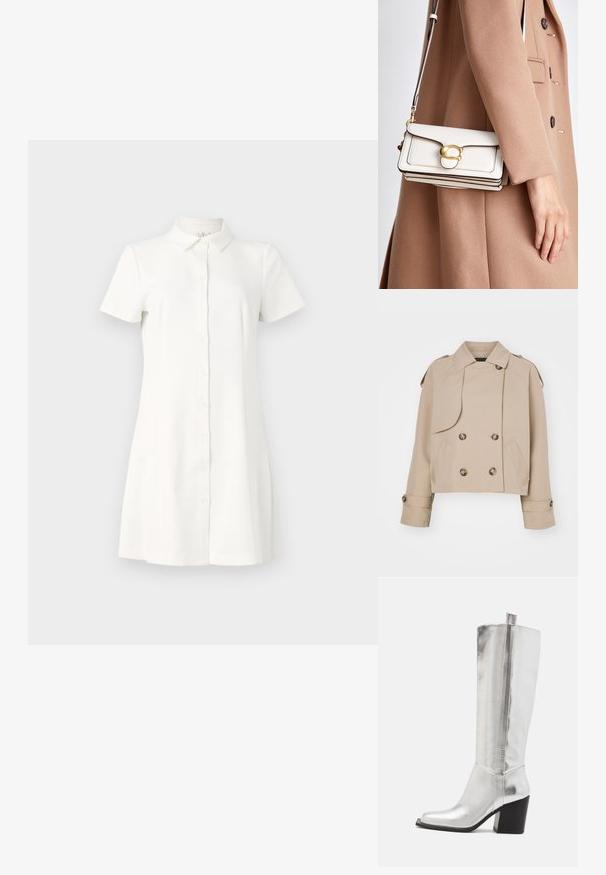 Béžový zkrácený trenčkot s dvojitým zapínáním vpředu, velkými kulatými knoflíky, ramenními epauletami a dvěma bočními kapsami. Hladká, lehká tkanina.; Šaty s krátkým rukávem, na knoflíky, vyrobené z bílé látky. Mají límeček, rozšířený spodní lem a dvě postranní kapsy. Hladká textura s klasickým designem.; Stříbrné kožené boty po kolena se čtveratou špičkou, zvýrazněné lesklým metalickým povrchem a robustním černým blokovým podpatkem.; Bílá kožená crossbody taška se zlatým uzávěrem, která se vyznačuje strukturovaným designem, kontrastními okraji a tenkým nastavitelným popruhem.