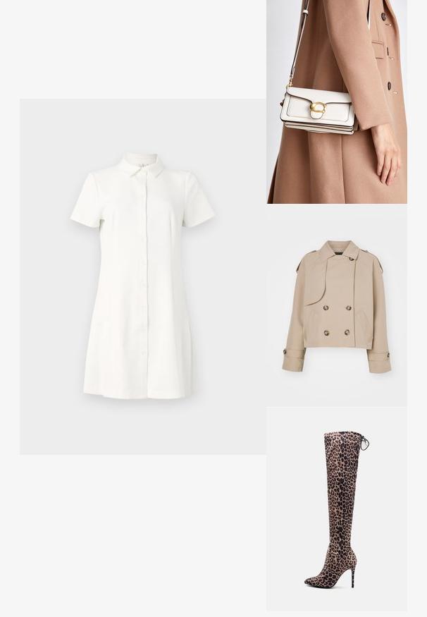 Bēšas krītošs tranšejas mētis ar divkrāsu priekšpusi, lieliem apaļiem pogām, plecu epauletiem un divām sānu kabatām. Gluds, viegls audums.; Kratka piedurkne, pogu apģērbs baltā audumā. Iezīmējas ar apkakli, izplatītu apakšmalu un divām sānu kabatām. Gluda tekstūra ar klasisku dizainu.; Pūces ar leoparda rakstu, kas sasniedz pāri ceļgaliem, izgatavotas no mīksta auduma, ar smailu purngalu un augstu papēdi. Augšpusē ir auklu detaļa.; Baltas ādas crossbody soma ar zelta sprādzi, ar strukturētu dizainu, kontrastējošām malām un plānu regulējamu siksnu.