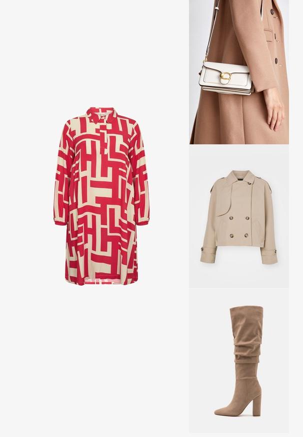 Bežani skraćeni trench kaput s dvostrukim kopčanjem sprijeda, velikim okruglim gumbima, ramenim epauletima i dva bočna džepa. Glatka, lagana tkanina.; Crvena i bež haljina s uzorkom, s ovratnikom, rukavima do tri četvrtine i geometrijskim dizajnom po cijelom materijalu.; Anna Field Čizme - beige; Bijela kožna torba na preklop s zlatnom kopčom, s izrađenim dizajnom, kontrastnim rubovima i tankim podešivim remenom.